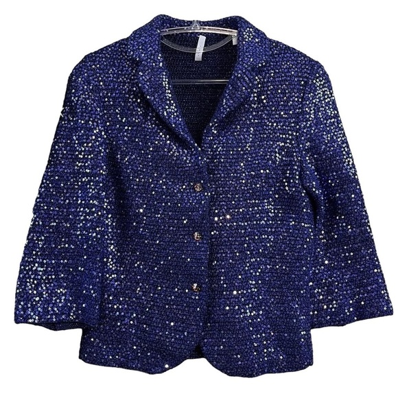 IISLI Knit Sequined Tiffany Fuller Sweater Jacket Evening Metallic Blue Size 4 - Picture 1 of 7